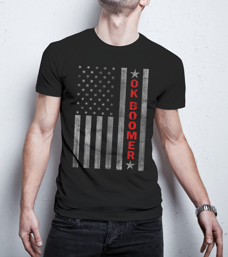 Ok Boomer Vertical Red Text On Distressed American Flag T-Shirt