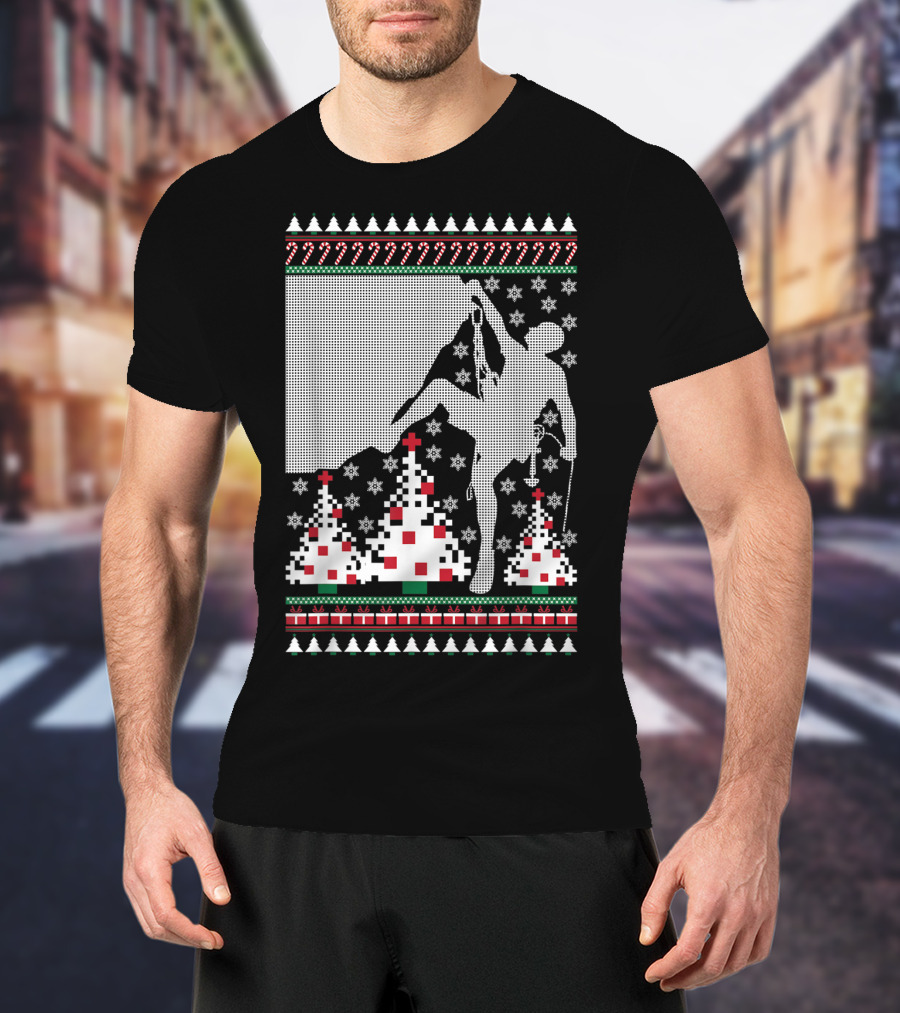 Rock Climbing Ugly Christmas Holiday Tree Pixel T-Shirt
