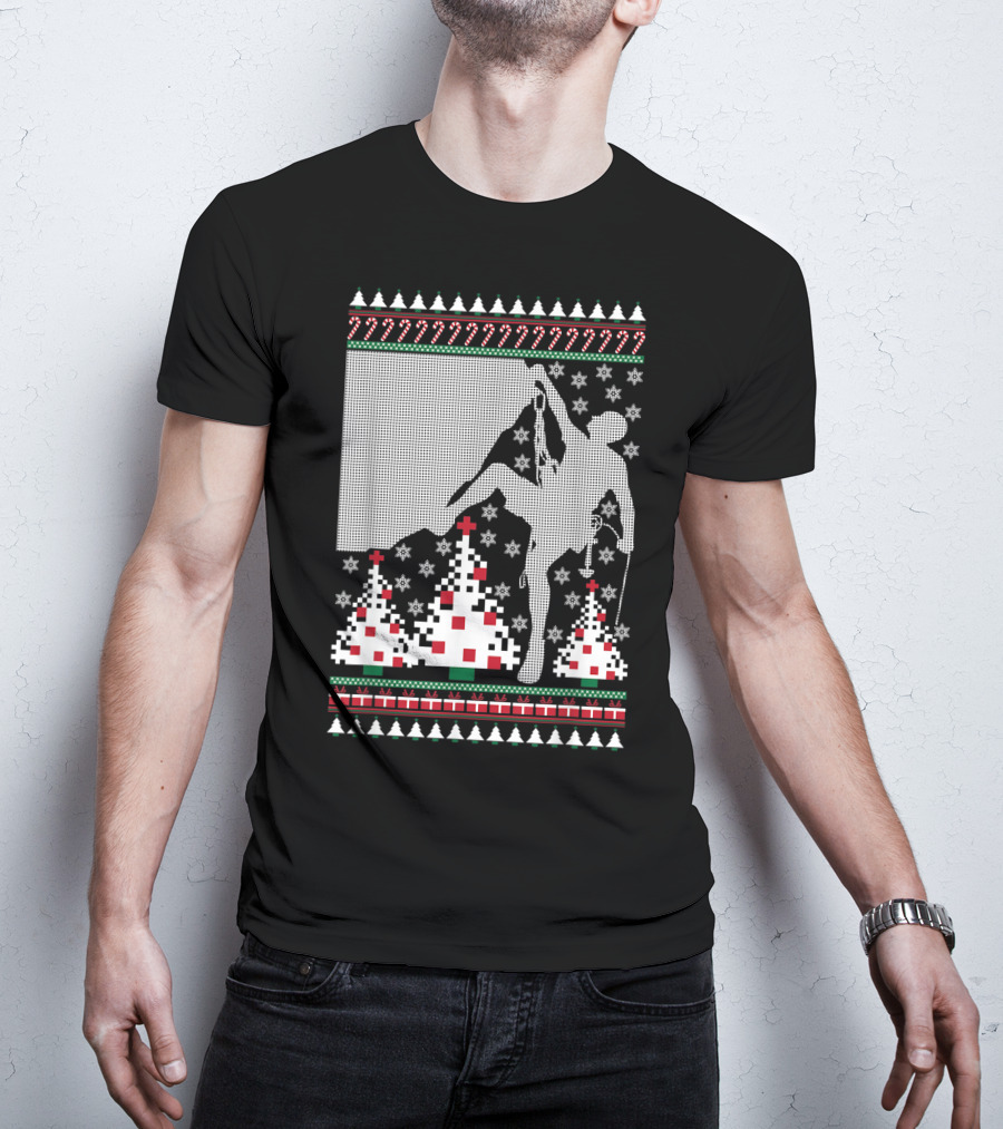 Rock Climbing Ugly Christmas Holiday Tree Pixel T-Shirt
