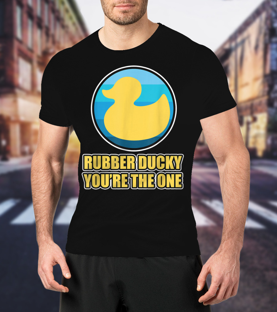 Rubber Ducky You're The One Iconic Yellow Toy Bath Duck Blue Circle Background T-Shirt