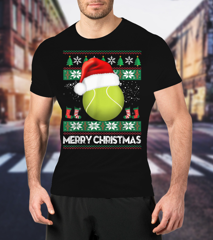 Merry Christmas Santa Hat Tennis Baum Pullover Snowflakes T-Shirt