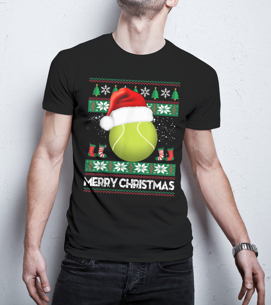 Merry Christmas Santa Hat Tennis Baum Pullover Snowflakes T-Shirt