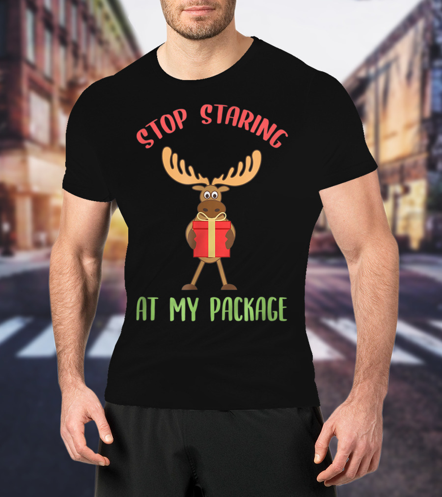 Stop Staring Moose Christmas At My Package T-Shirt