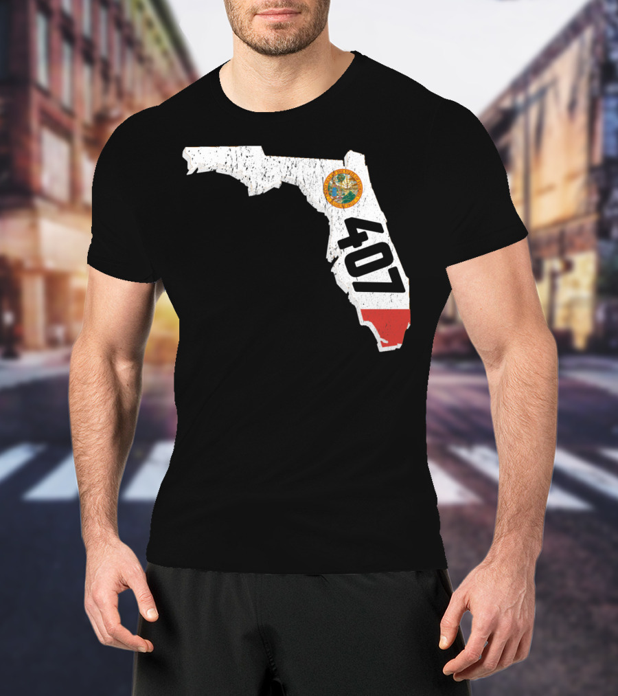 Florida Map Outline With State Seal And 407 Area Code T-Shirt