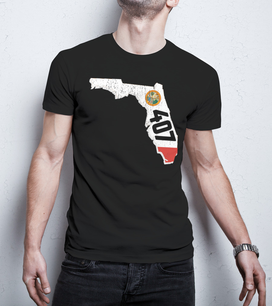 Florida Map Outline With State Seal And 407 Area Code T-Shirt