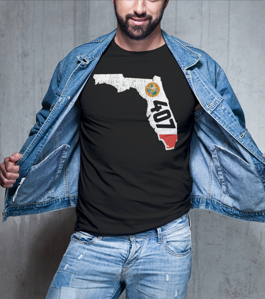 Florida Map Outline With State Seal And 407 Area Code T-Shirt