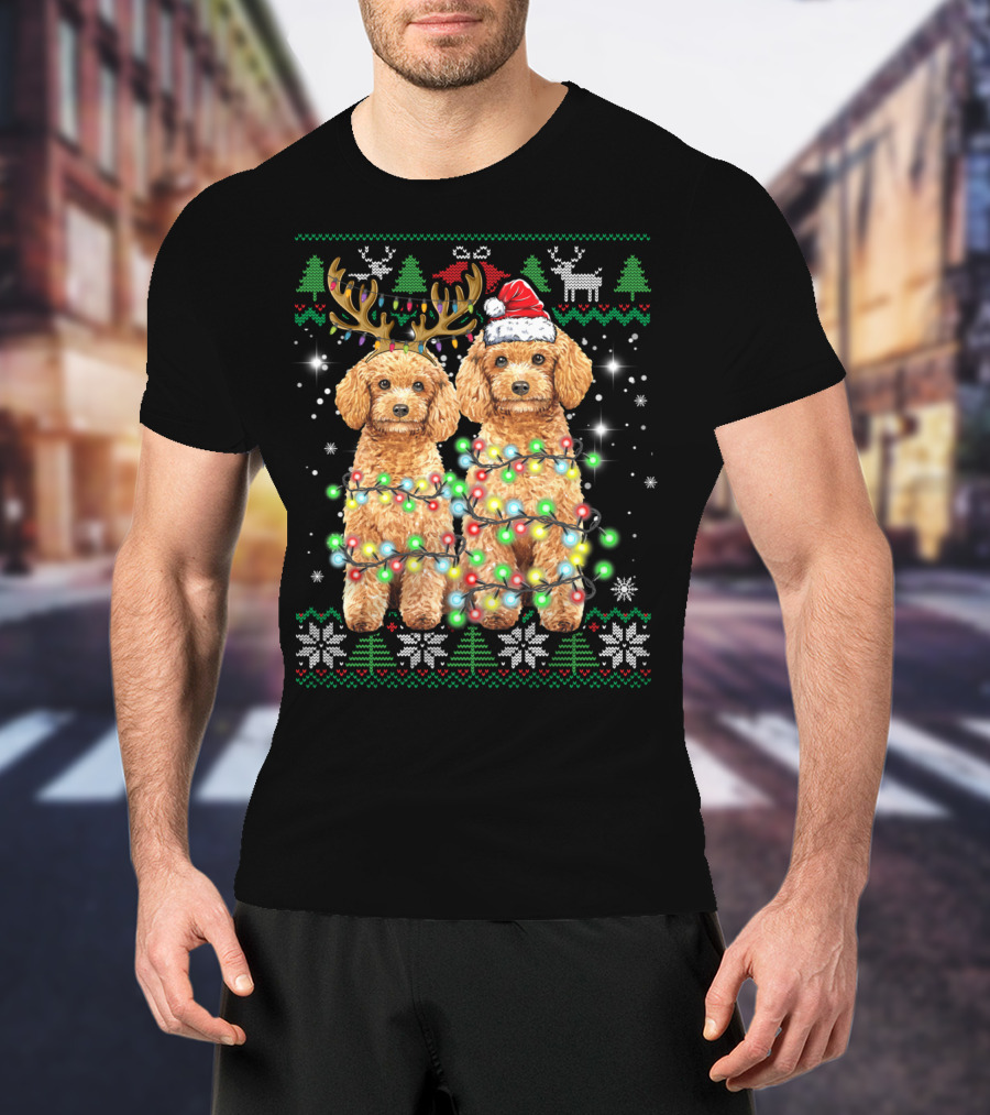 Poodle Dog Ugly Christmas Reindeer Hat Lights Puppy Funny Dog T-Shirt
