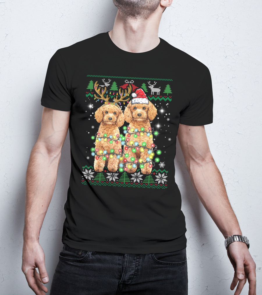 Poodle Dog Ugly Christmas Reindeer Hat Lights Puppy Funny Dog T-Shirt