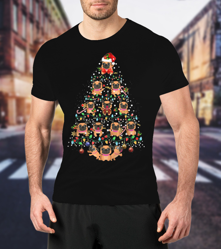 Pug Dog Christmas Tree With Santa Hat And Holiday Decorations T-Shirt