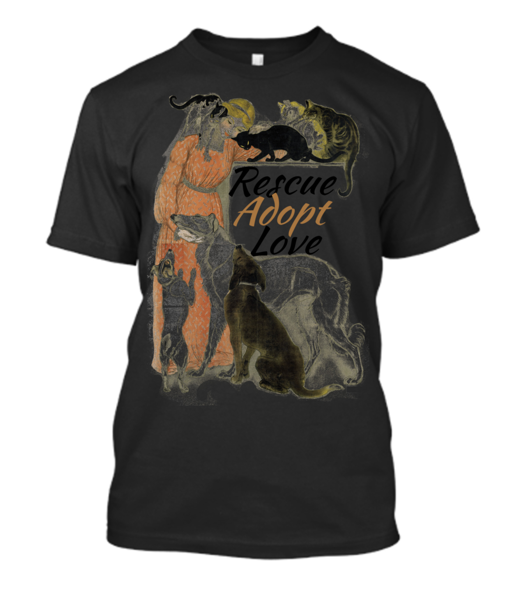 Rescue Adopt Love Dog And Cat Lover With Vintage Style Woman Surrounded By Pets T-Shirt
