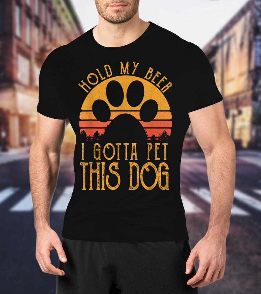 Hold My Beer I Gotta Pet This Dog Retro Vintage Paw Print Sunset T-Shirt