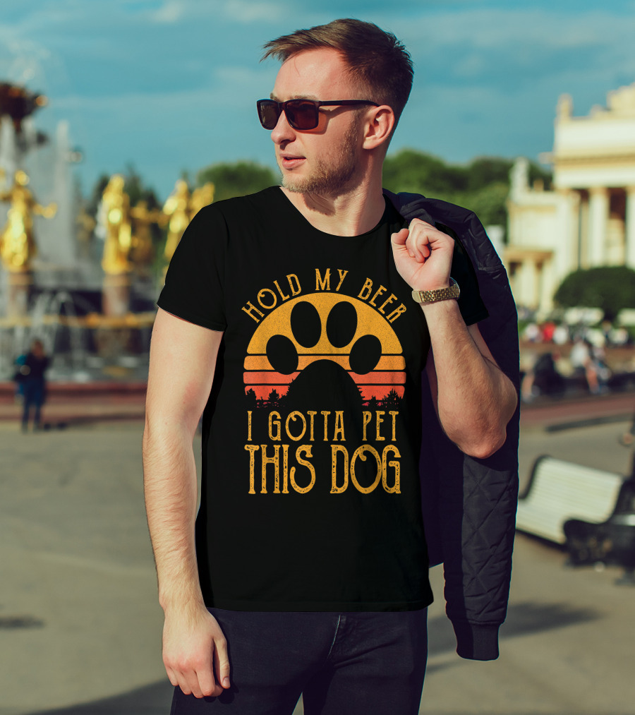 Hold My Beer I Gotta Pet This Dog Retro Vintage Paw Print Sunset T-Shirt