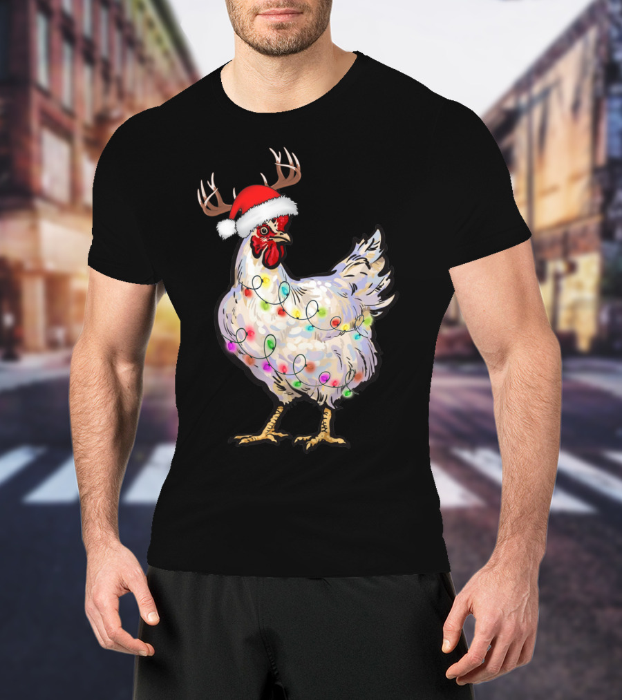 Santa Chicken Reindeer With Christmas Lights And Antlers T-Shirt