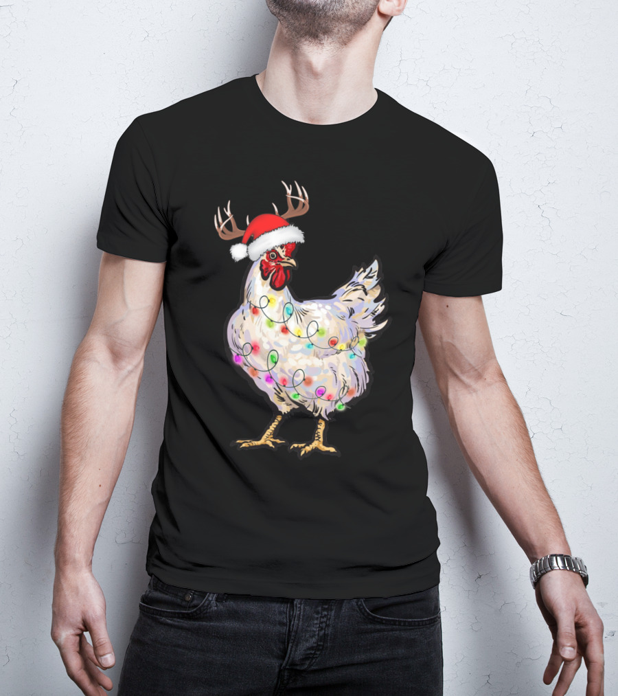 Santa Chicken Reindeer With Christmas Lights And Antlers T-Shirt