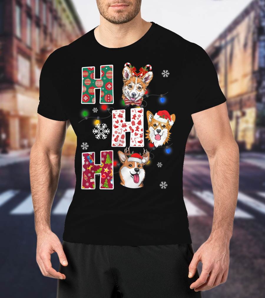 Ho Ho Ho Santa Corgi Christmas Lights Snowflakes T-Shirt