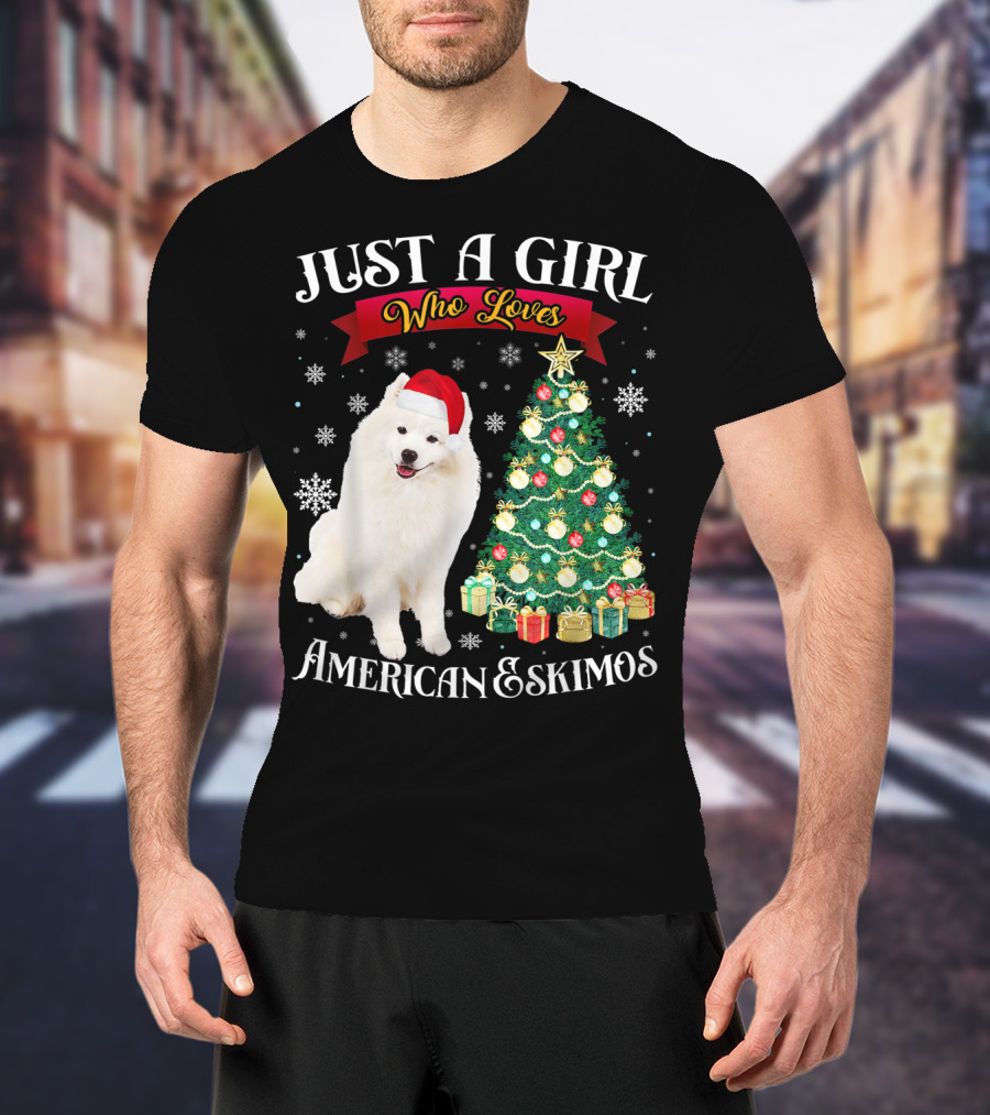 Just A Girl Who Loves American Eskimos Santa Hat Christmas Tree T-Shirt