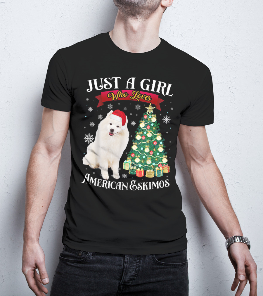 Just A Girl Who Loves American Eskimos Santa Hat Christmas Tree T-Shirt