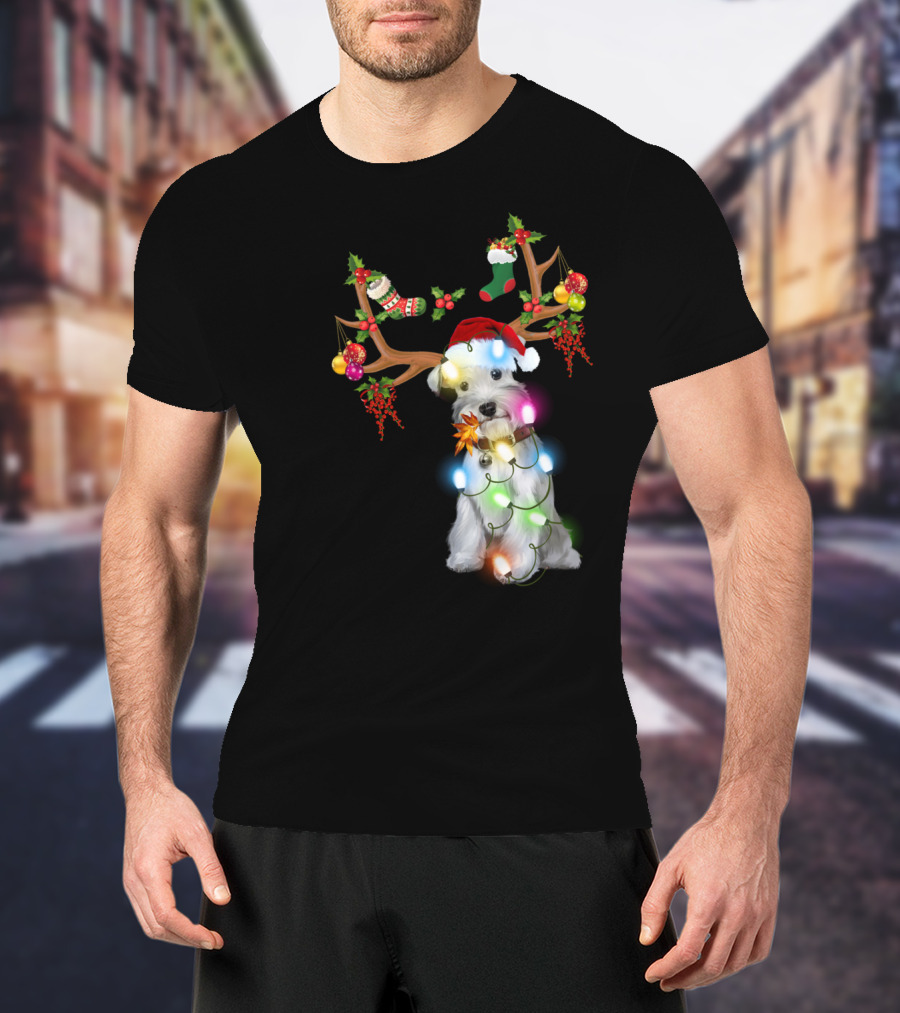 Santa Schnauzer Christmas Lights Reindeer Antlers Holiday Lover T-Shirt
