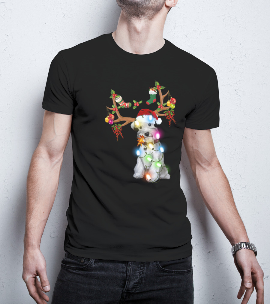 Santa Schnauzer Christmas Lights Reindeer Antlers Holiday Lover T-Shirt