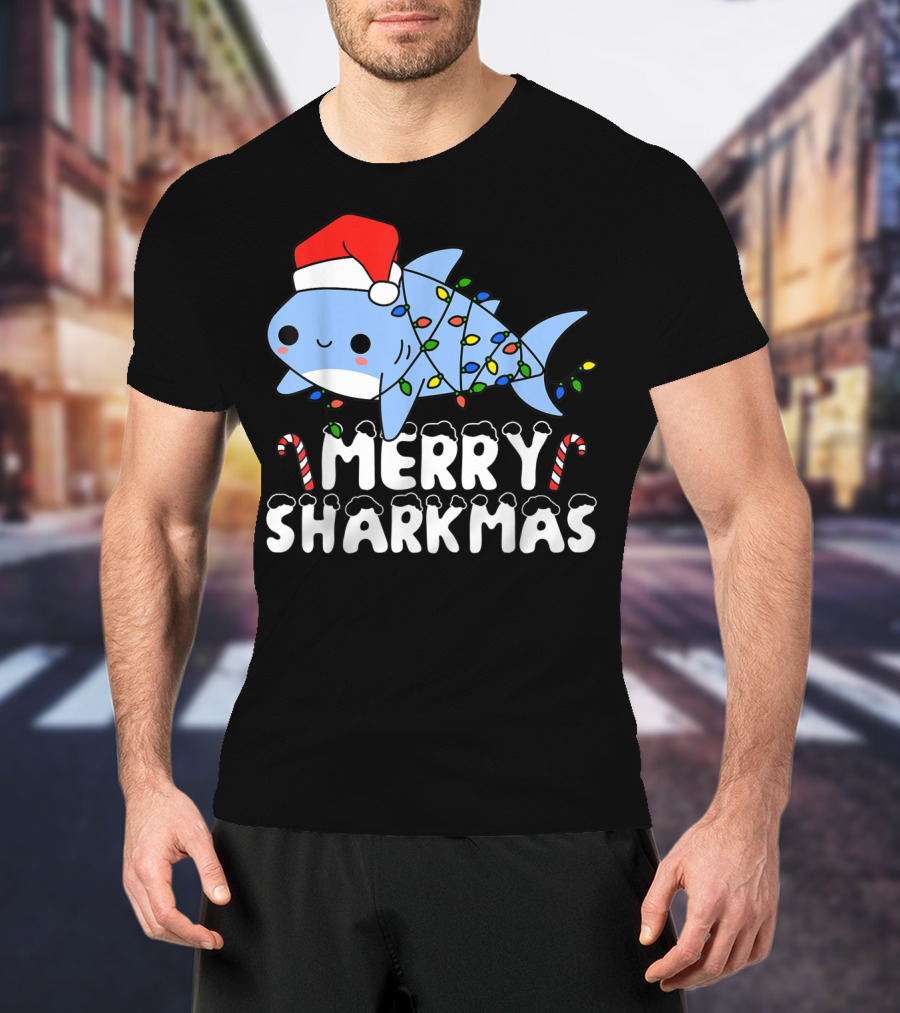 Merry Sharkmas Santa Shark Christmas Lights Boys T-Shirt