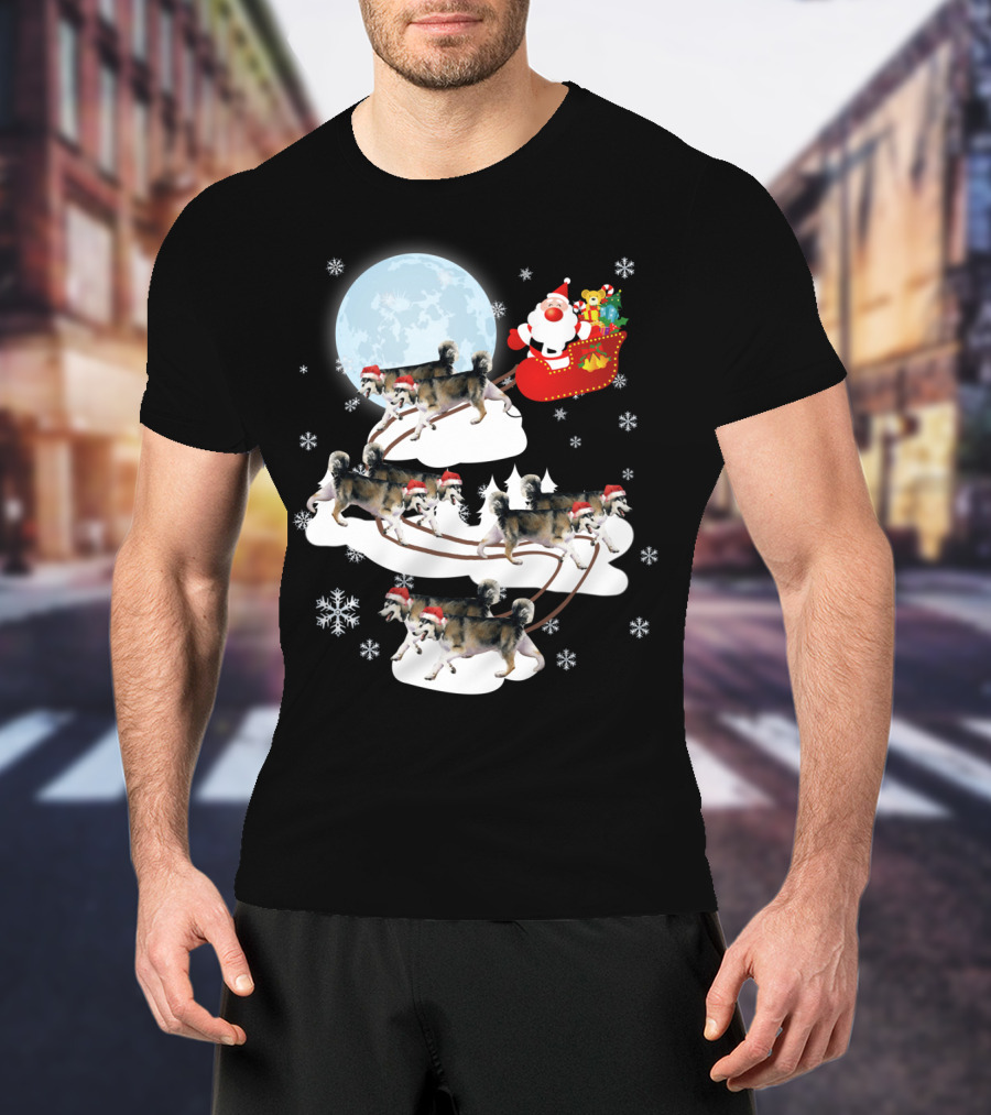 Santa Sleigh Alaskan Malamute Christmas Dog Moon Snowflakes T-Shirt
