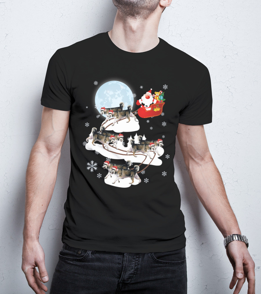 Santa Sleigh Alaskan Malamute Christmas Dog Moon Snowflakes T-Shirt