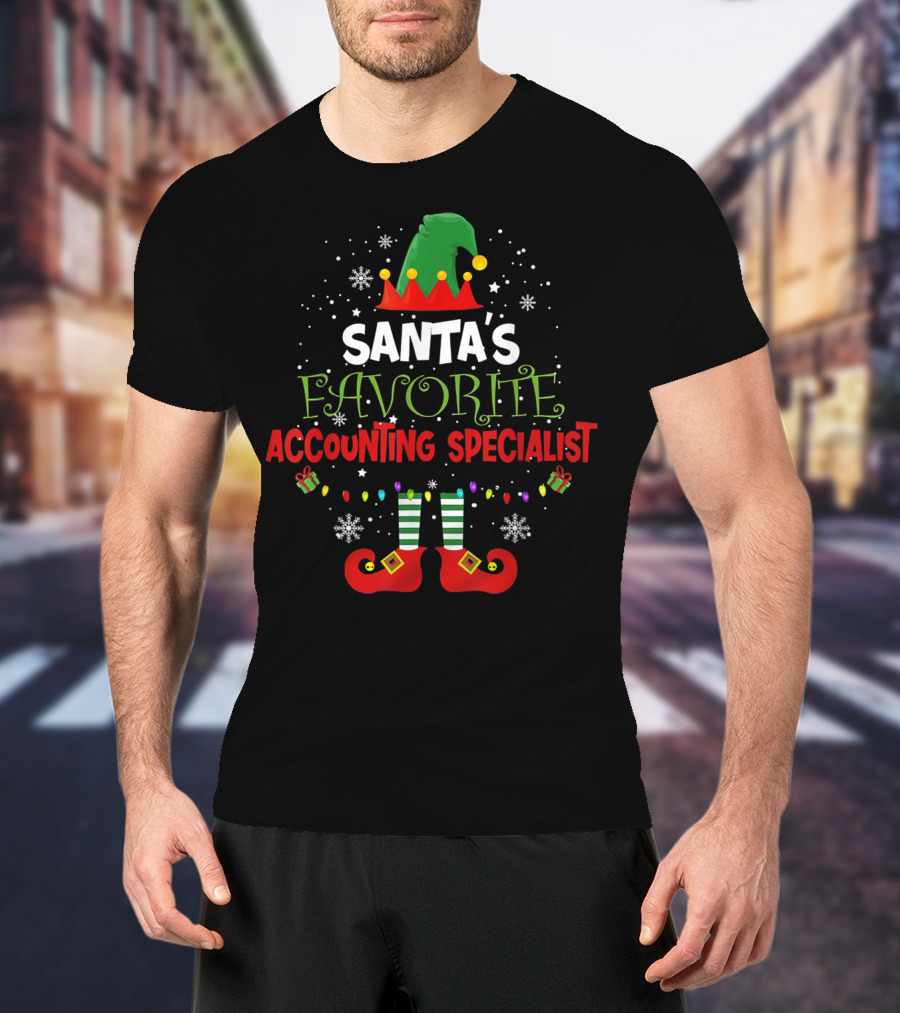 Santa's Favorite Accounting Specialist Elf Theme With Christmas Snowflakes And Gifts T-Shirt