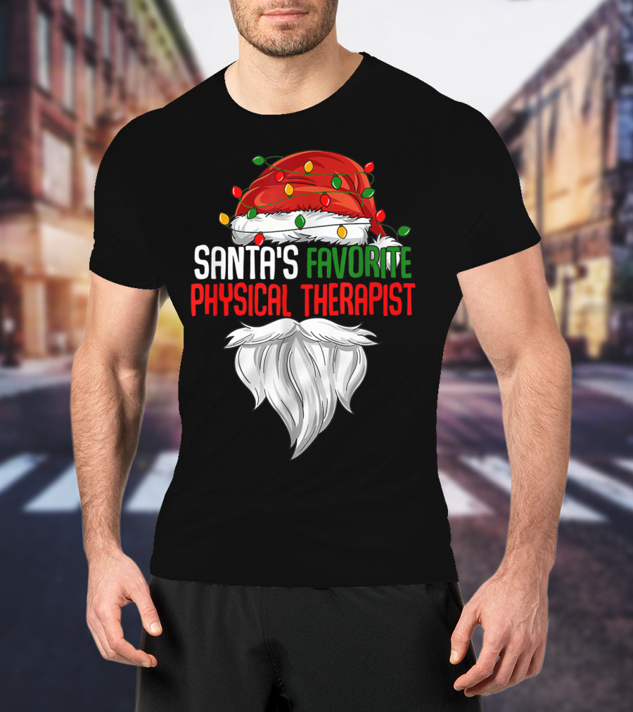 Santa's Favorite Physical Therapist Christmas Lights Hat And Beard T-Shirt