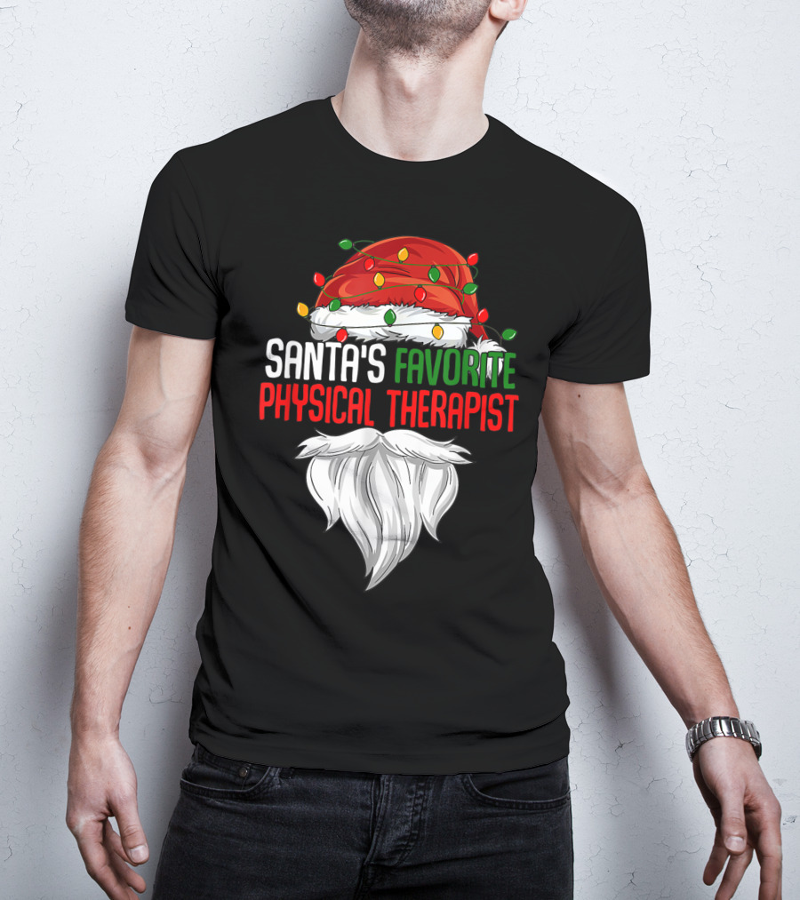 Santa's Favorite Physical Therapist Christmas Lights Hat And Beard T-Shirt