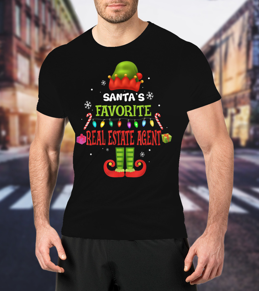 Santa's Favorite Real Estate Agent Christmas Elf Lights Candy Canes Gifts Snowflakes T-Shirt