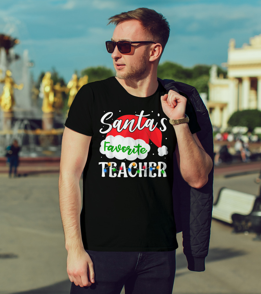 Santa's Favorite Teacher Holiday Santa Hat With Christmas Lights T-Shirt