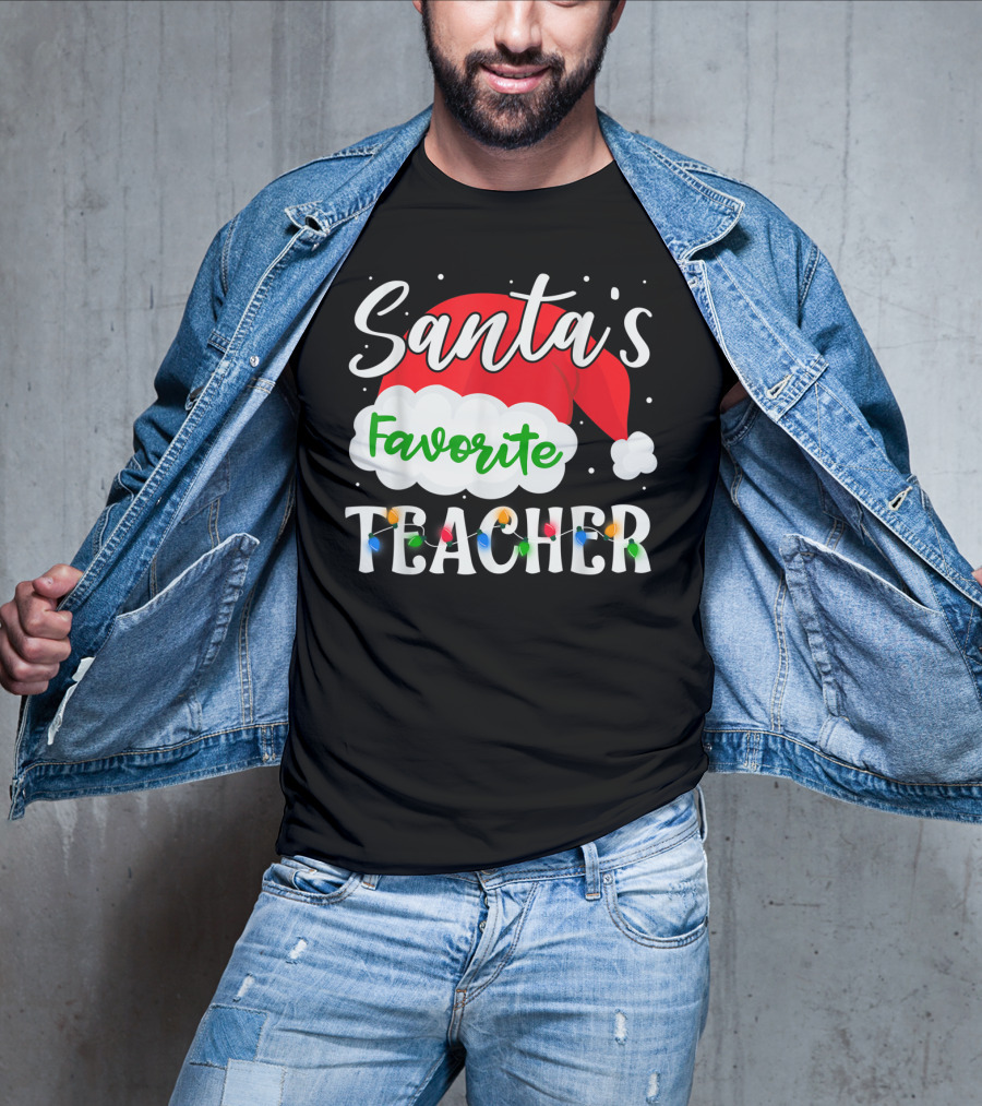 Santa's Favorite Teacher Holiday Santa Hat With Christmas Lights T-Shirt