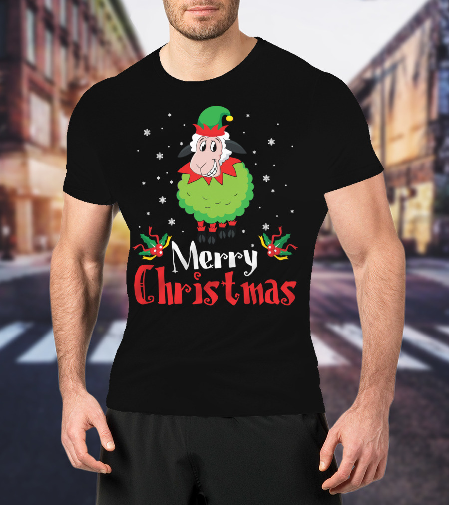 Merry Christmas Sheep In Elf Costume With Snowflakes T-Shirt