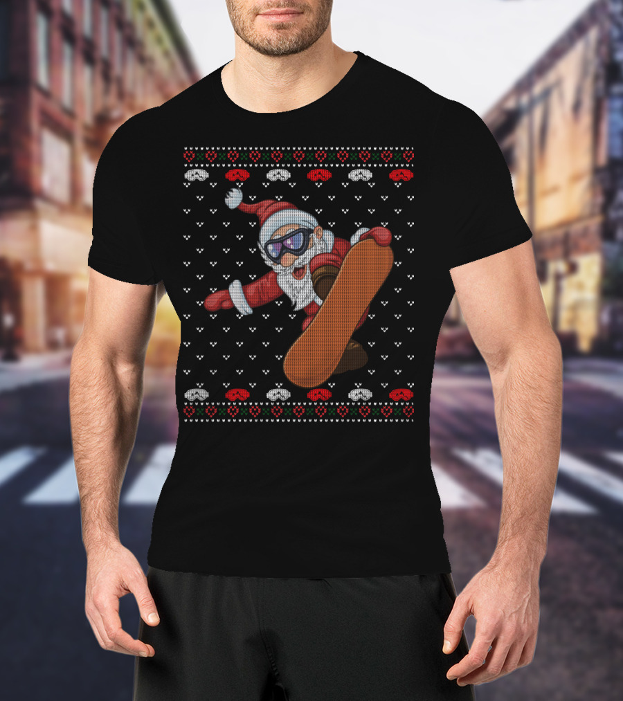 Snowboarding Santa With Goggles In Ugly Christmas T-Shirt