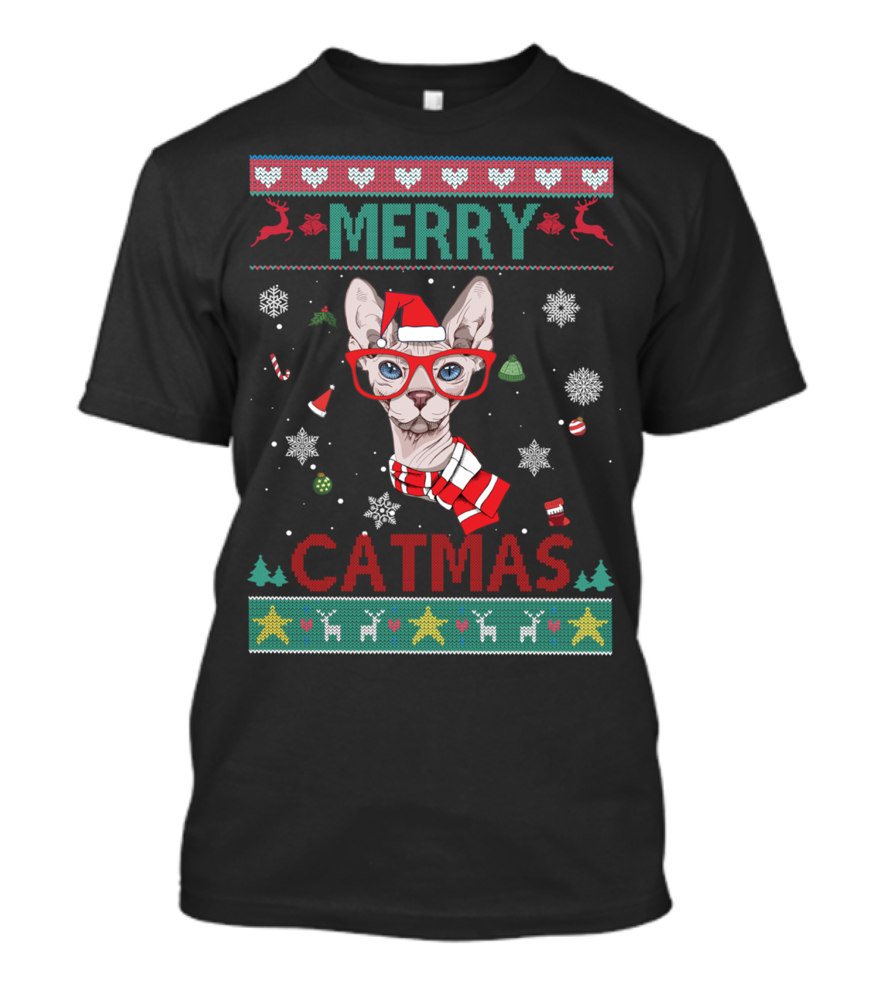 Merry Catmas Sphynx Cat With Santa Hat And Glasses For Christmas T-Shirt
