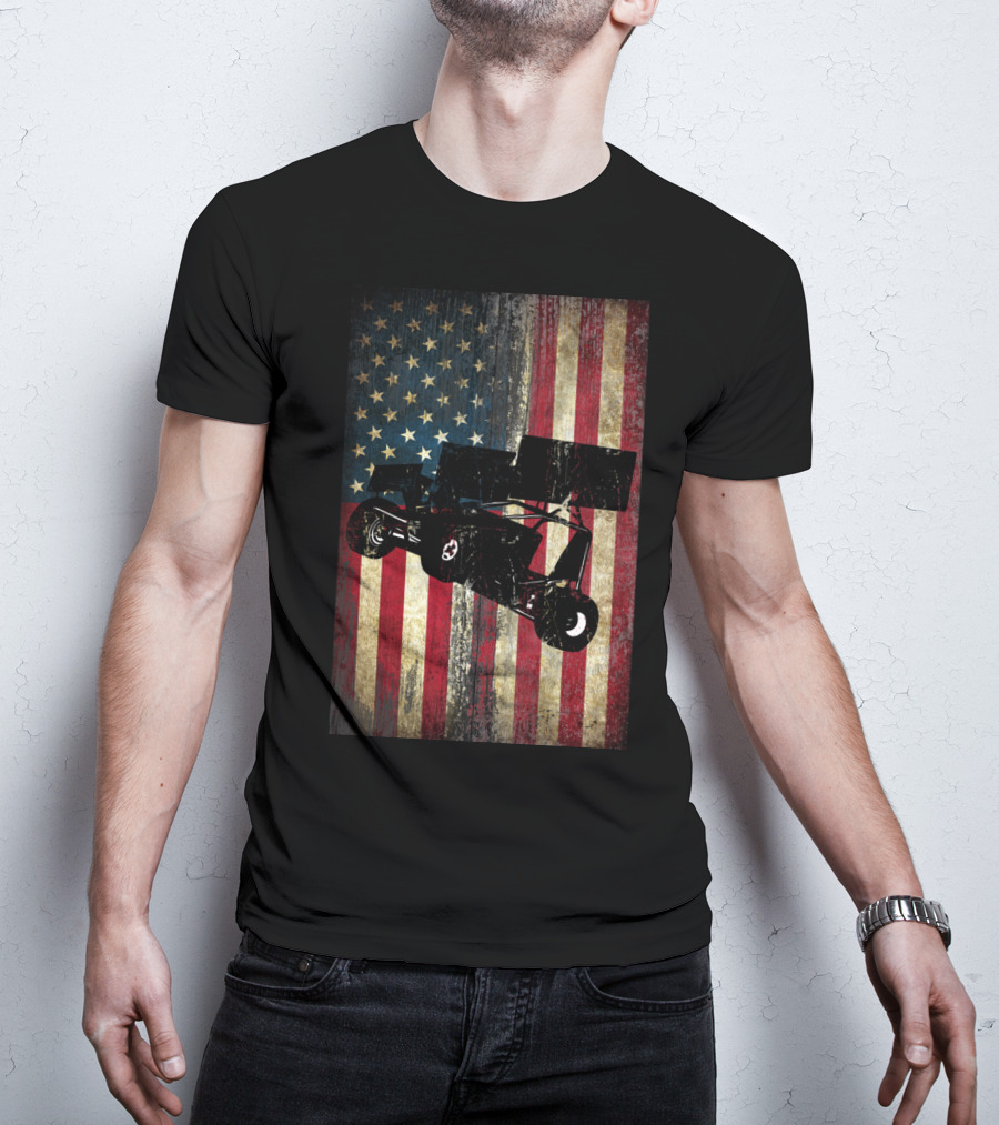 Sprint Car Dirt Track Racing American Flag Background T-Shirt
