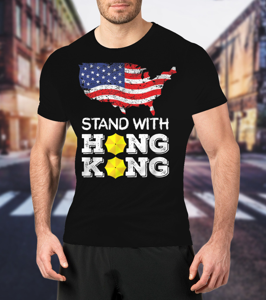 Stand With Hong Kong Strong American Flag Yellow Umbrella T-Shirt