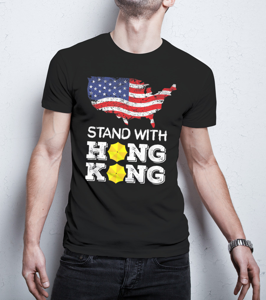Stand With Hong Kong Strong American Flag Yellow Umbrella T-Shirt