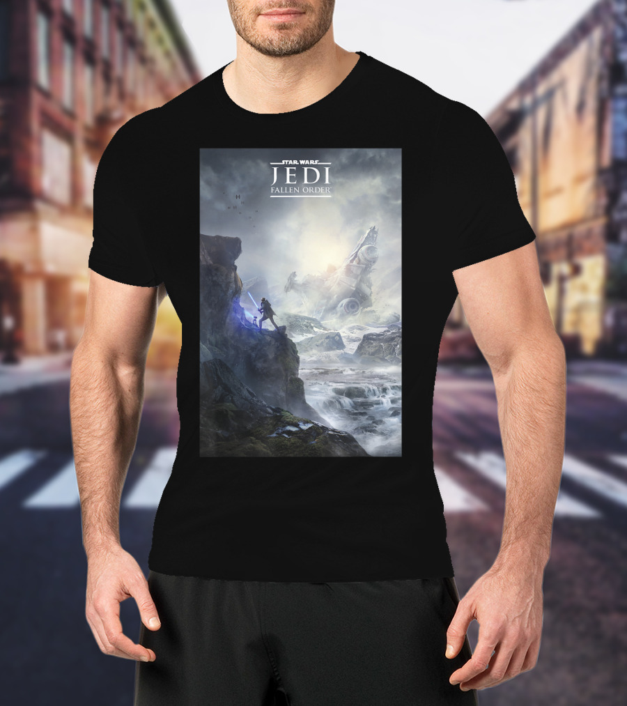 Star Wars Jedi Fallen Order Scenic Battle With Stormtrooper And Ruins T-Shirt