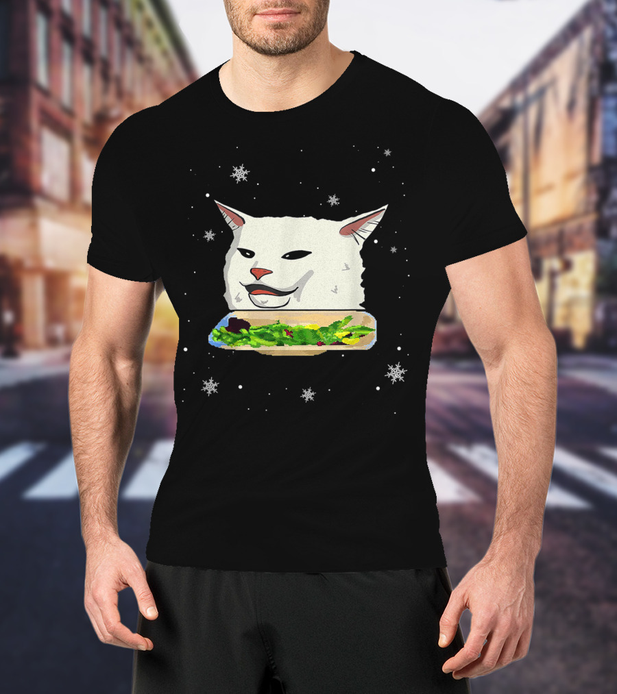 Table Cat Smudge The Cat Meme Snowflakes Salad T-Shirt