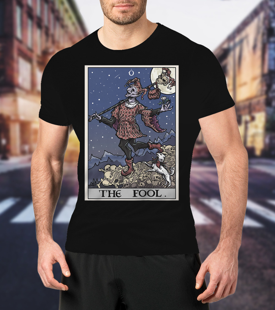 The Fool Tarot Card Gothic Halloween Jester On Skull Pile T-Shirt