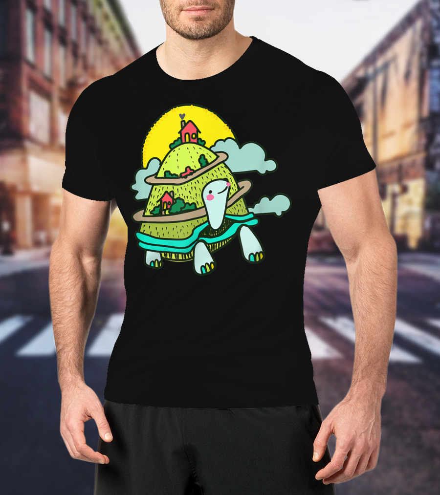 Turtle Life On A Mountain Path With Houses And Sun T-Shirt