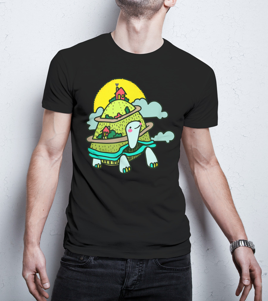 Turtle Life On A Mountain Path With Houses And Sun T-Shirt