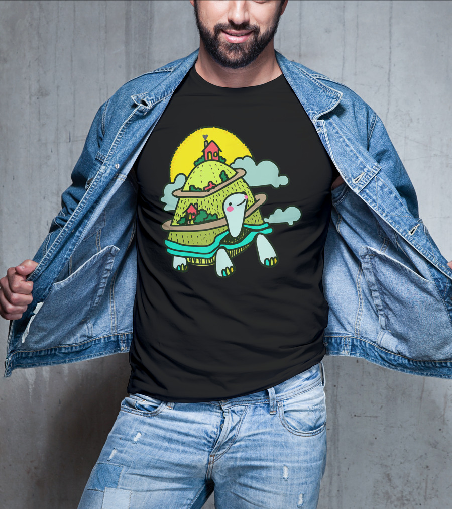 Turtle Life On A Mountain Path With Houses And Sun T-Shirt