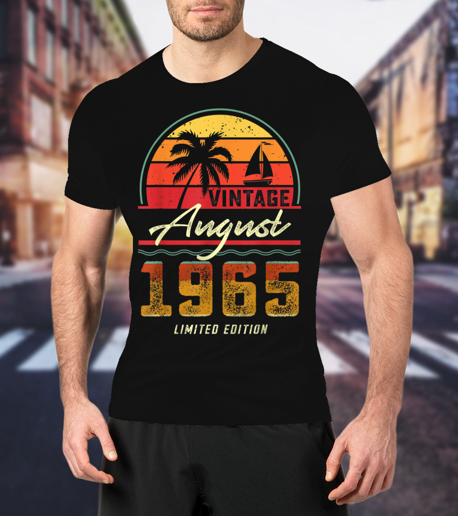 Vintage August 1965 Palm Tree And Sailboat Retro Sunset T-Shirt