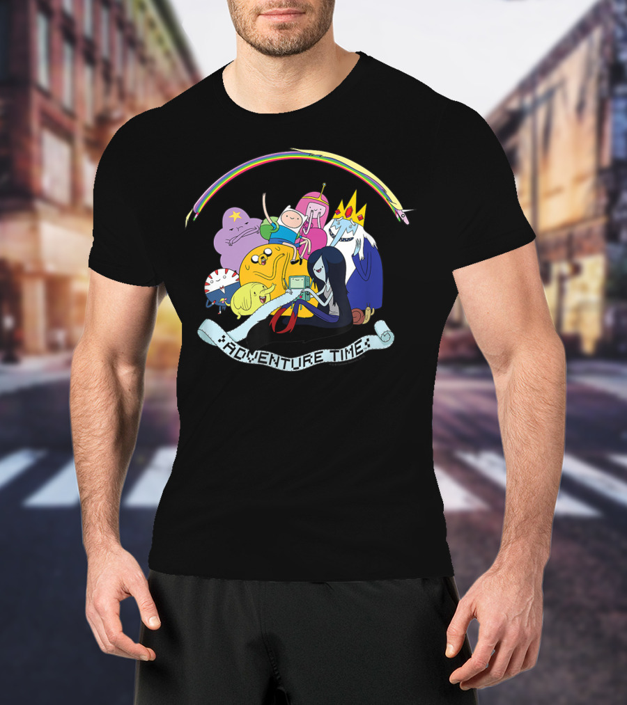 Adventure Time Characters Group With Rainbow And Script Banner T-Shirt