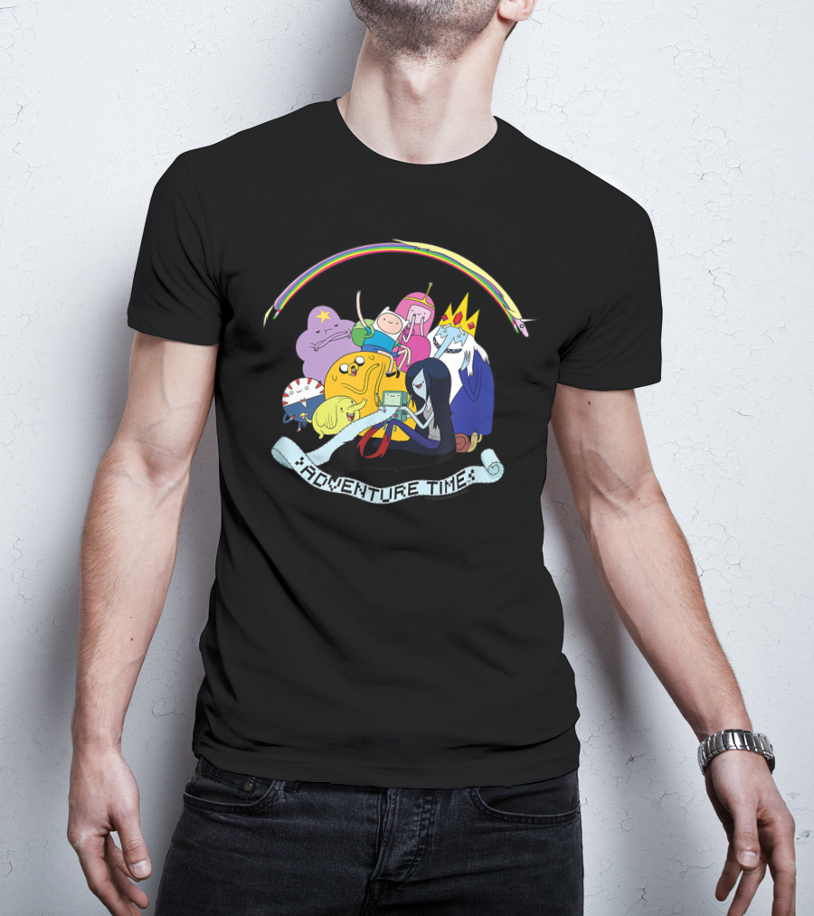 Adventure Time Characters Group With Rainbow And Script Banner T-Shirt