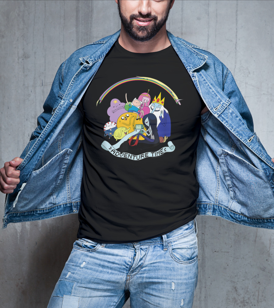 Adventure Time Characters Group With Rainbow And Script Banner T-Shirt