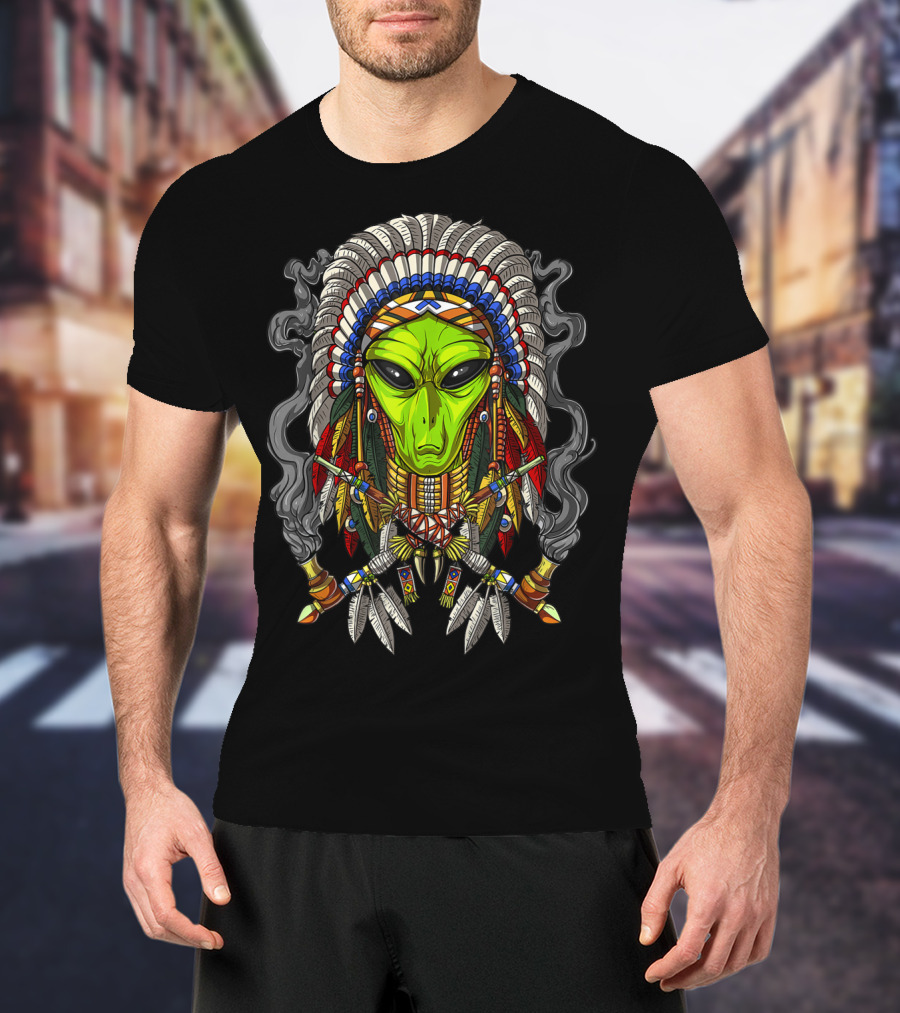 Alien Native American Chief Headdress Smoking Peace Pipes T-Shirt