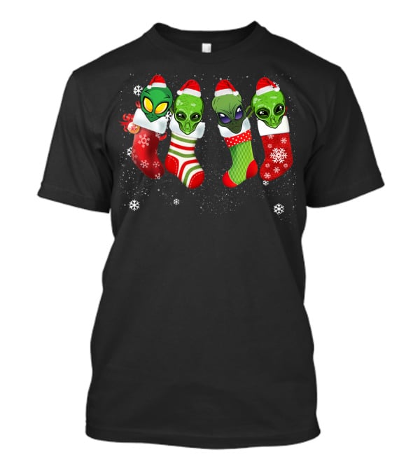 Aliens Wearing Santa Hats In Christmas Stockings With Snowflakes T-Shirt
